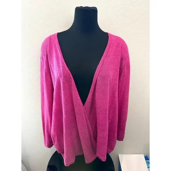 NIC+ZOE | Magenta Pink Plus Size Linen Blend Surplice Deep V-Neck Cardigan | 2X - Picture 2 of 6